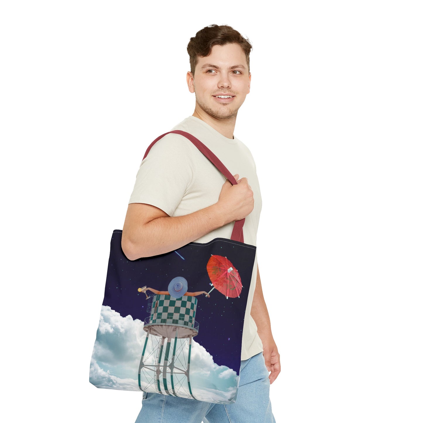Tote Bag Featuring Surreal Art 'Soaked' - Woman with Martini Glass and Cocktail Umbrella - Nighttime Bliss
