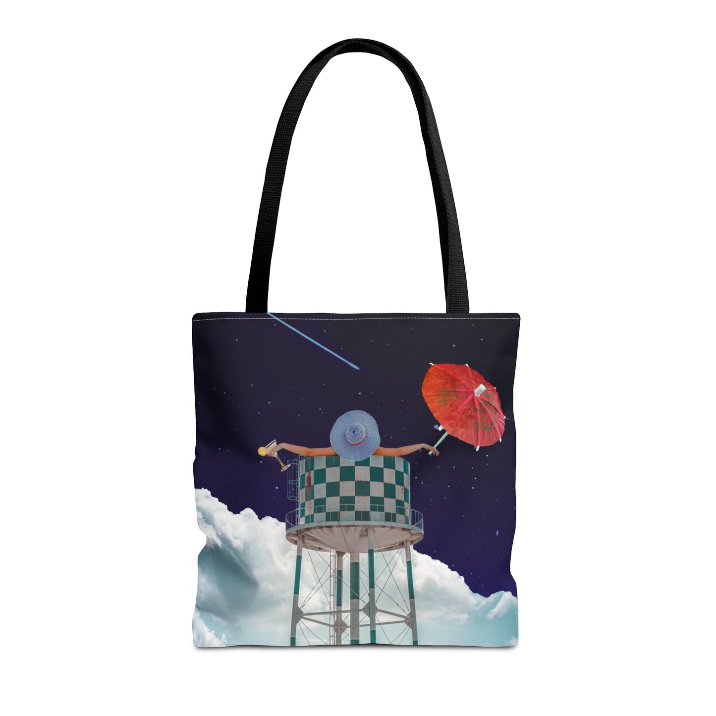 Tote Bag Featuring Surreal Art 'Soaked' - Woman with Martini Glass and Cocktail Umbrella - Nighttime Bliss