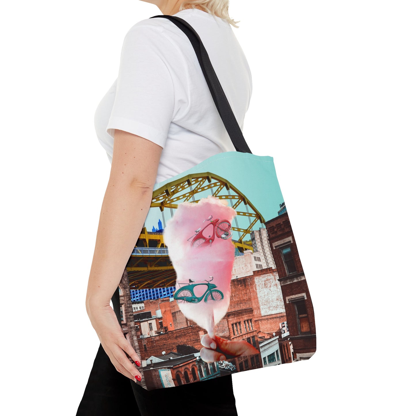Sweet Ride Pittsburgh Landscape Tote Bag with Cotton Candy and Vintage Bicycles