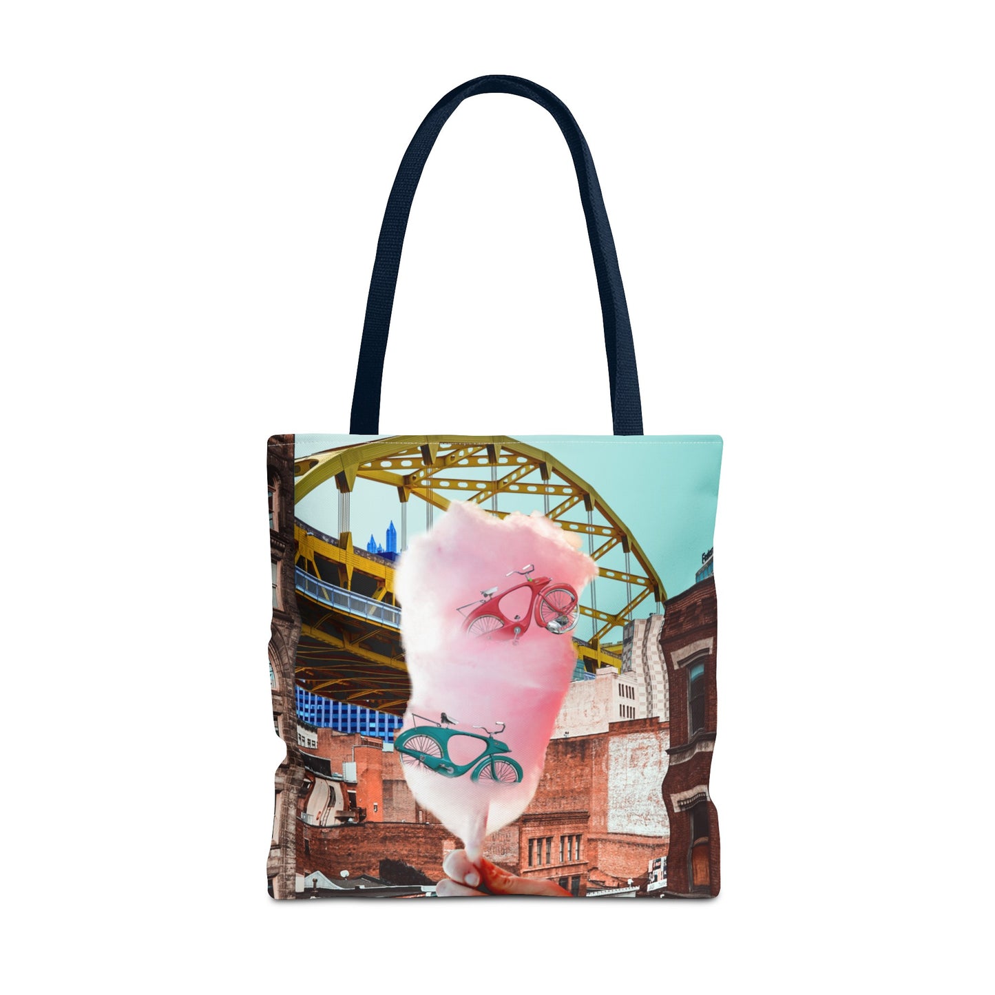Sweet Ride Pittsburgh Landscape Tote Bag with Cotton Candy and Vintage Bicycles