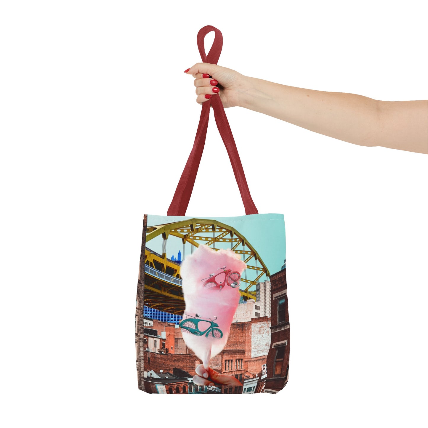 Sweet Ride Pittsburgh Landscape Tote Bag with Cotton Candy and Vintage Bicycles