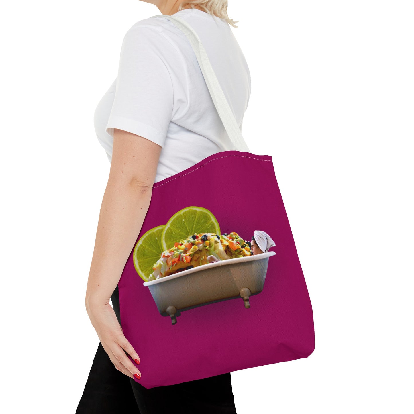 Food Lover's Delight: Woman Soaking in Bathtub with Burrito Tote Bag