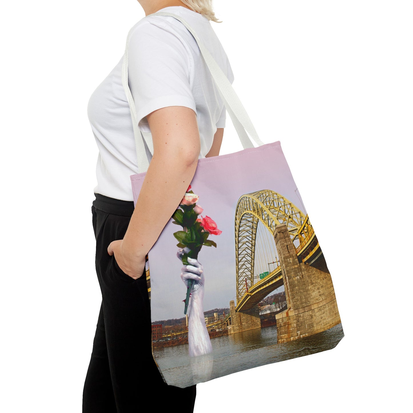 Romantic Tote Bag for Valentine's and Long-Distance Lovers: A Bridge Too Far Design with Flowers