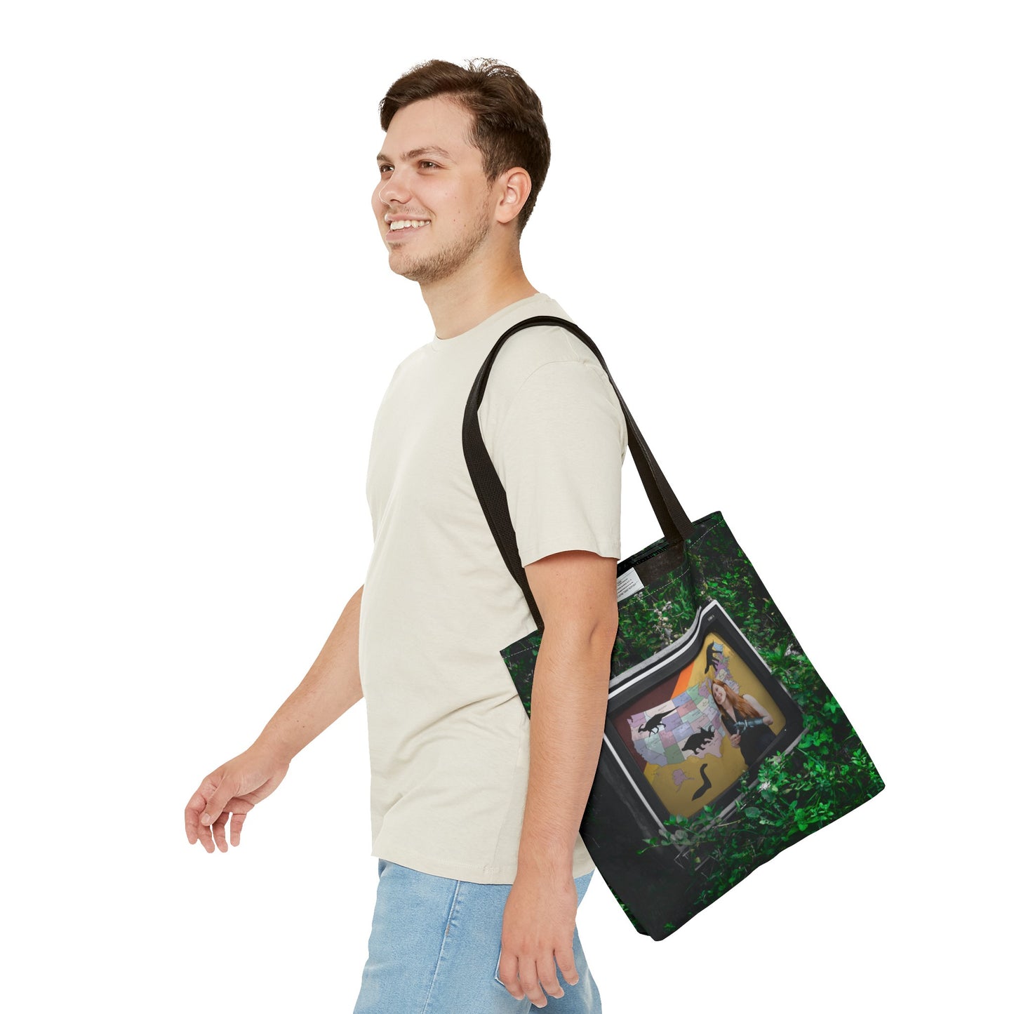 Unique Dystopian TV Scene Tote Bag with Weather Girl & Dinosaurs Map