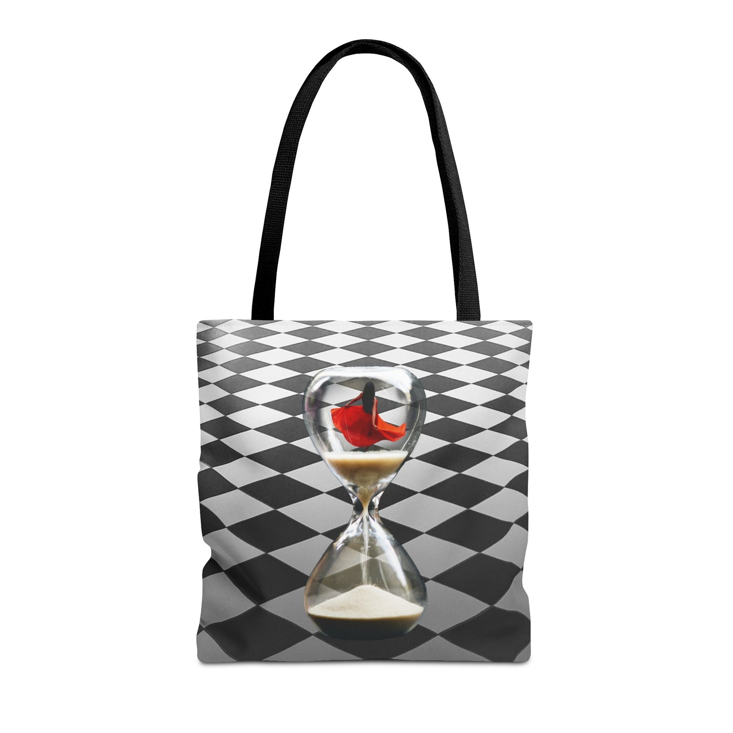 Red Dress Dancer Tote Bag - Surreal Art Checkerboard Design - Dance Through Life