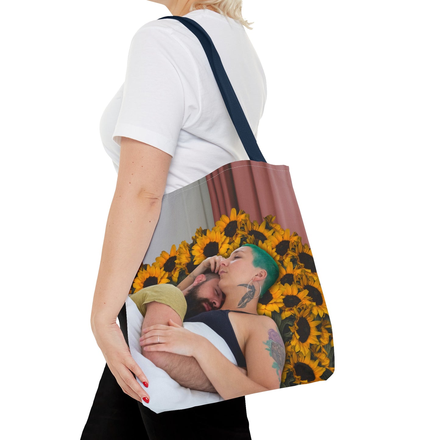 Tranquil Sunflowers Around Cuddling Couple Tote Bag Surreal Art - Loving Design "Sunflowers In Your Room"