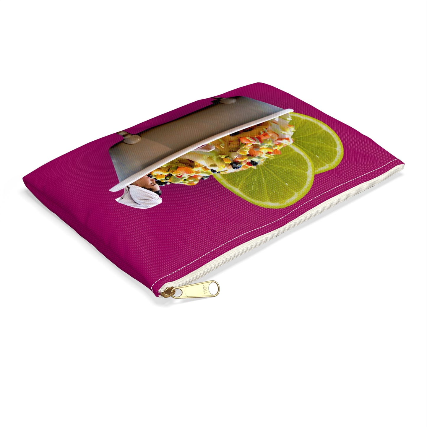Food Lover's Delight Accessory Pouch - Woman Soaking in Bathtub with Burrito and Lime Wedges