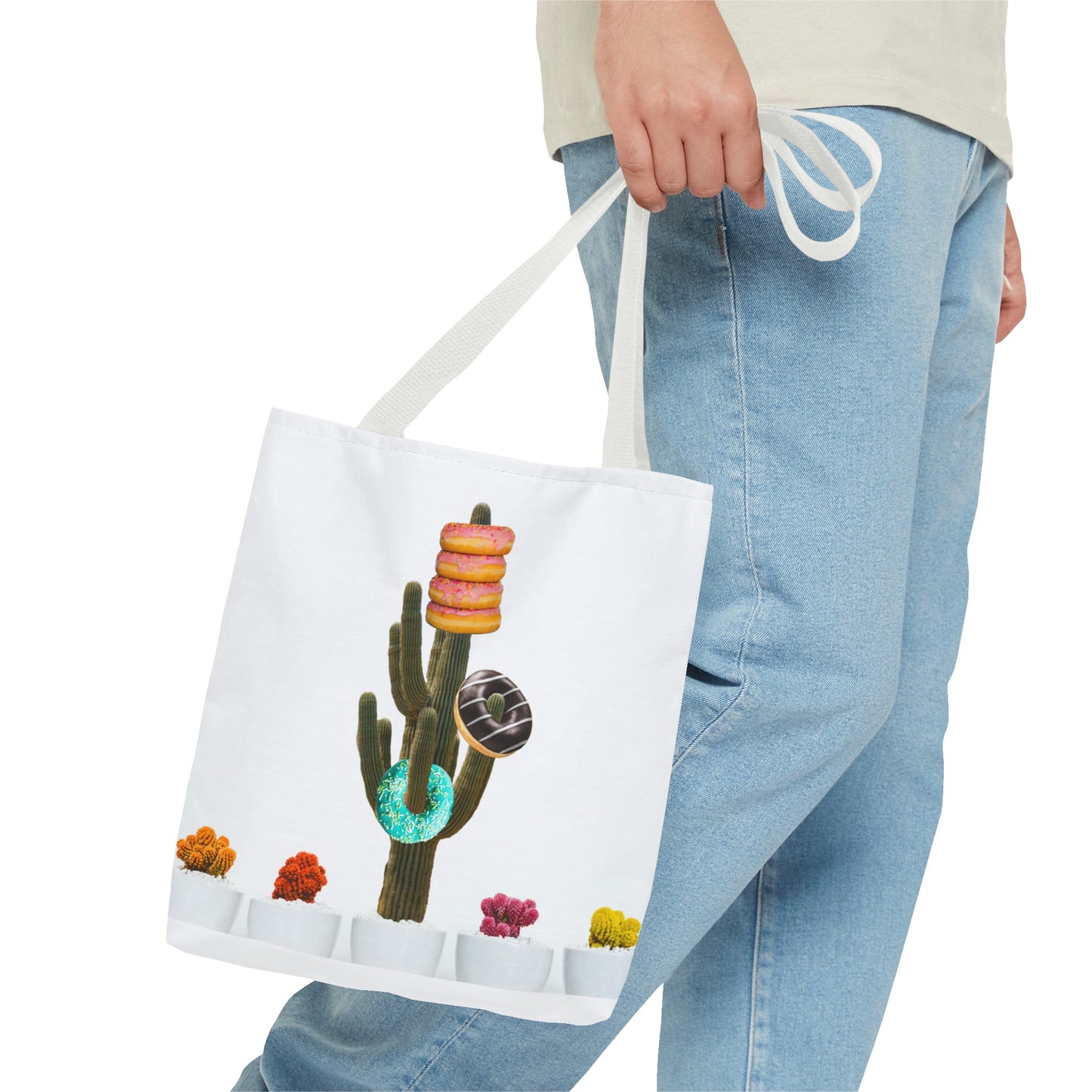 Collage Art Tote Bag featuring 'Giving Tree' & Colorful Donut Cactus Design