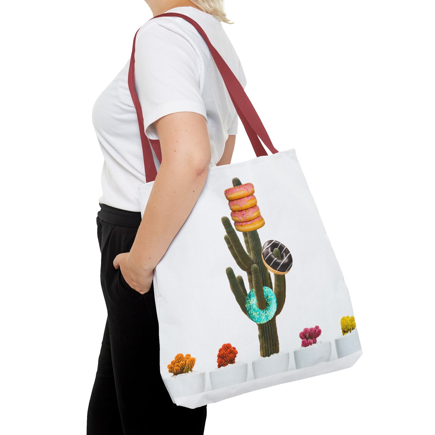 Collage Art Tote Bag featuring 'Giving Tree' & Colorful Donut Cactus Design