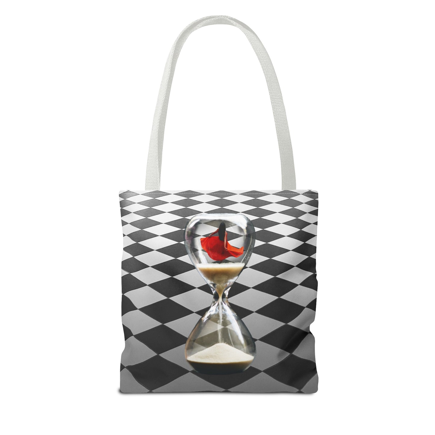 Red Dress Dancer Tote Bag - Surreal Art Checkerboard Design - Dance Through Life