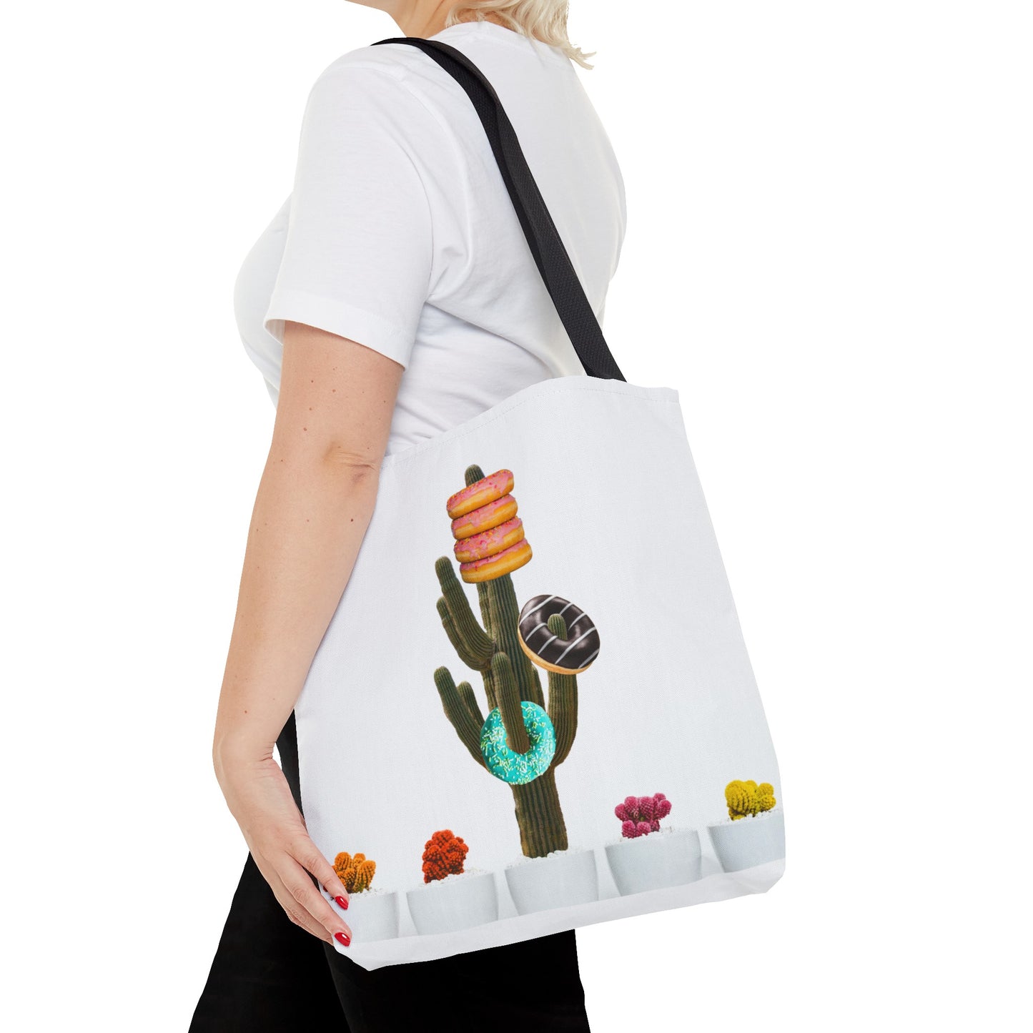 Collage Art Tote Bag featuring 'Giving Tree' & Colorful Donut Cactus Design