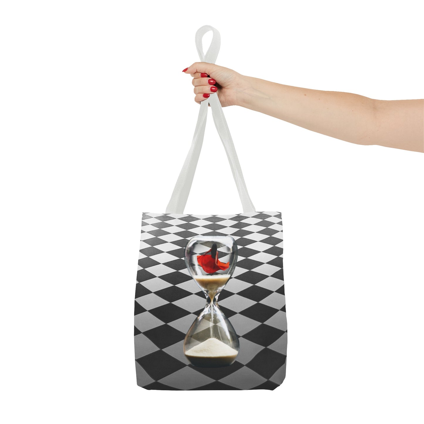Red Dress Dancer Tote Bag - Surreal Art Checkerboard Design - Dance Through Life