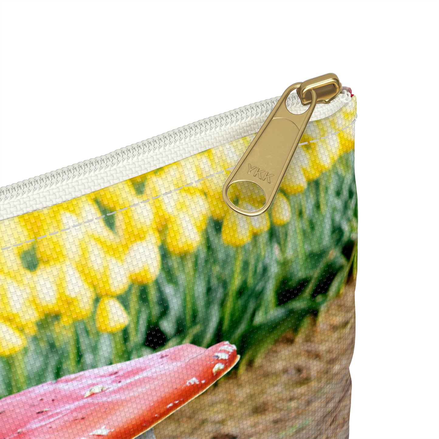 Happy Mushroom Family Accessory Pouch - Surreal Collage Art "Nana's Little Mushroom" in a Field of Tulips