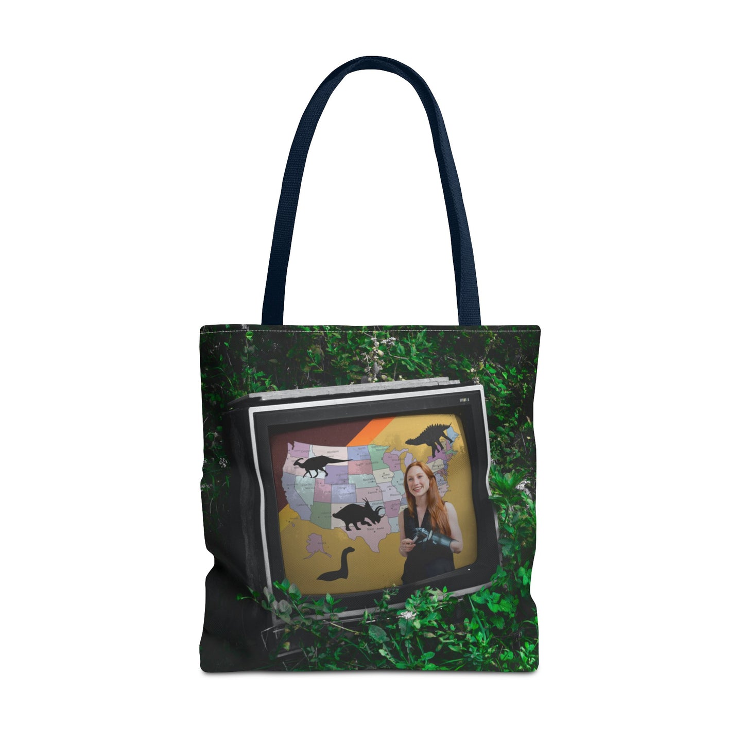 Unique Dystopian TV Scene Tote Bag with Weather Girl & Dinosaurs Map