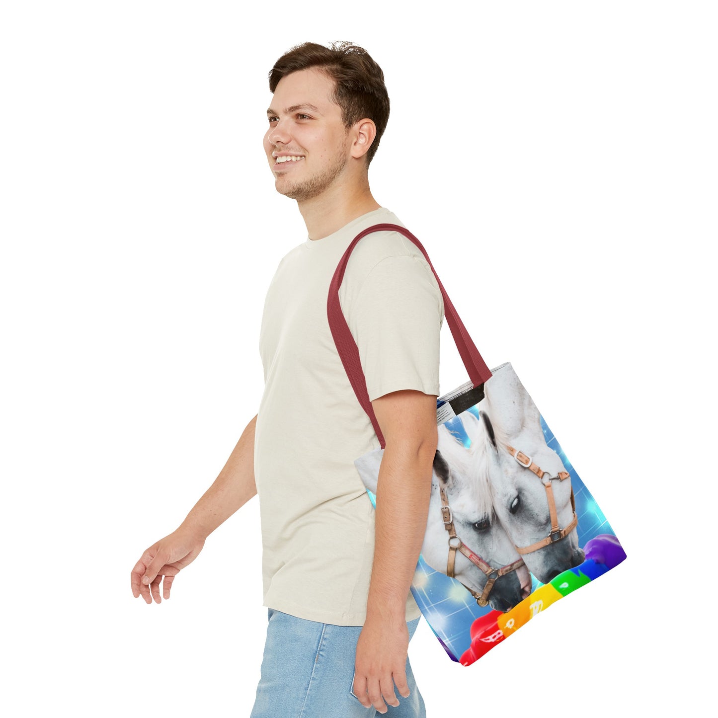 Unique Tote Bag "Pooping Rainbows" Art - White Horses Eating Rainbow Feed
