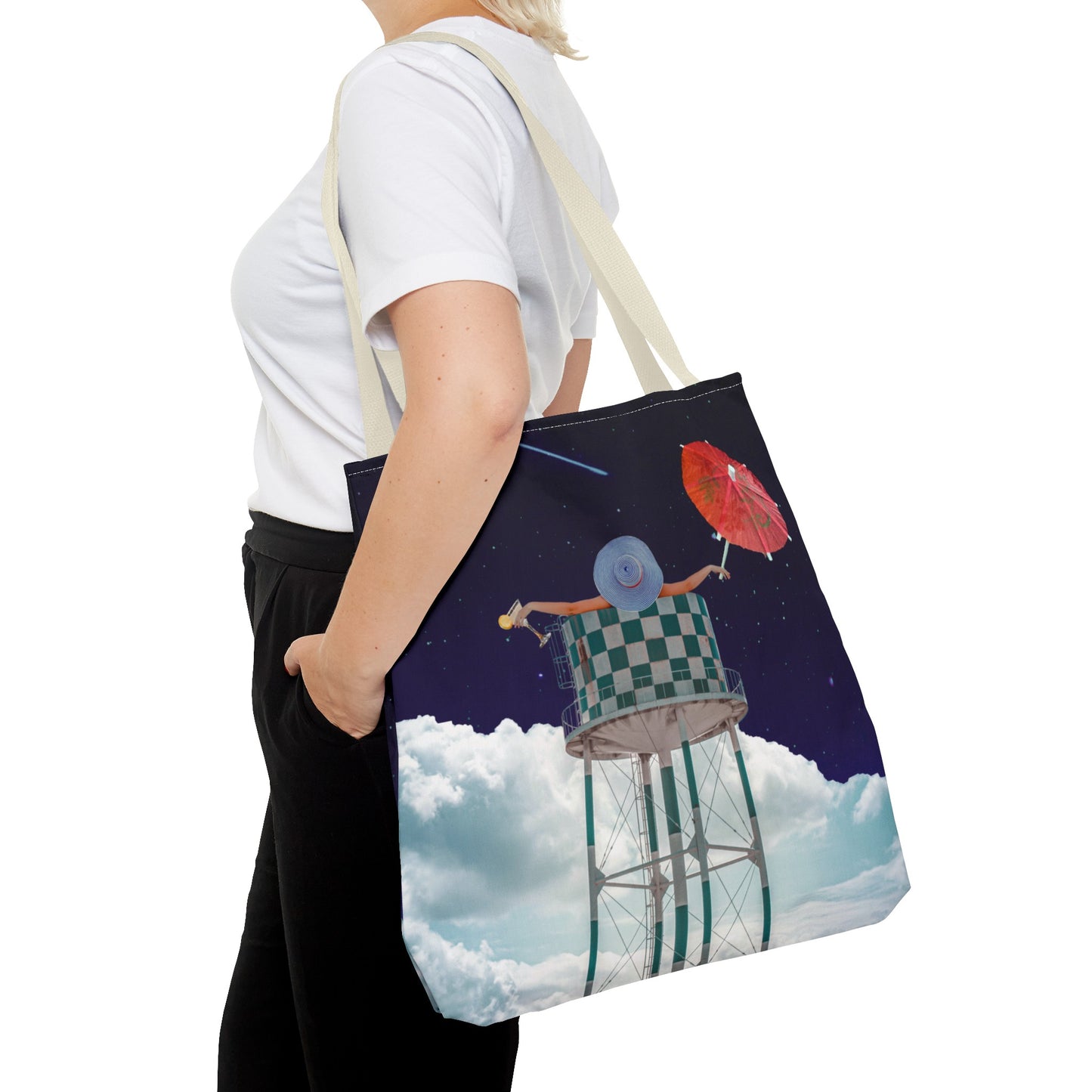 Tote Bag Featuring Surreal Art 'Soaked' - Woman with Martini Glass and Cocktail Umbrella - Nighttime Bliss