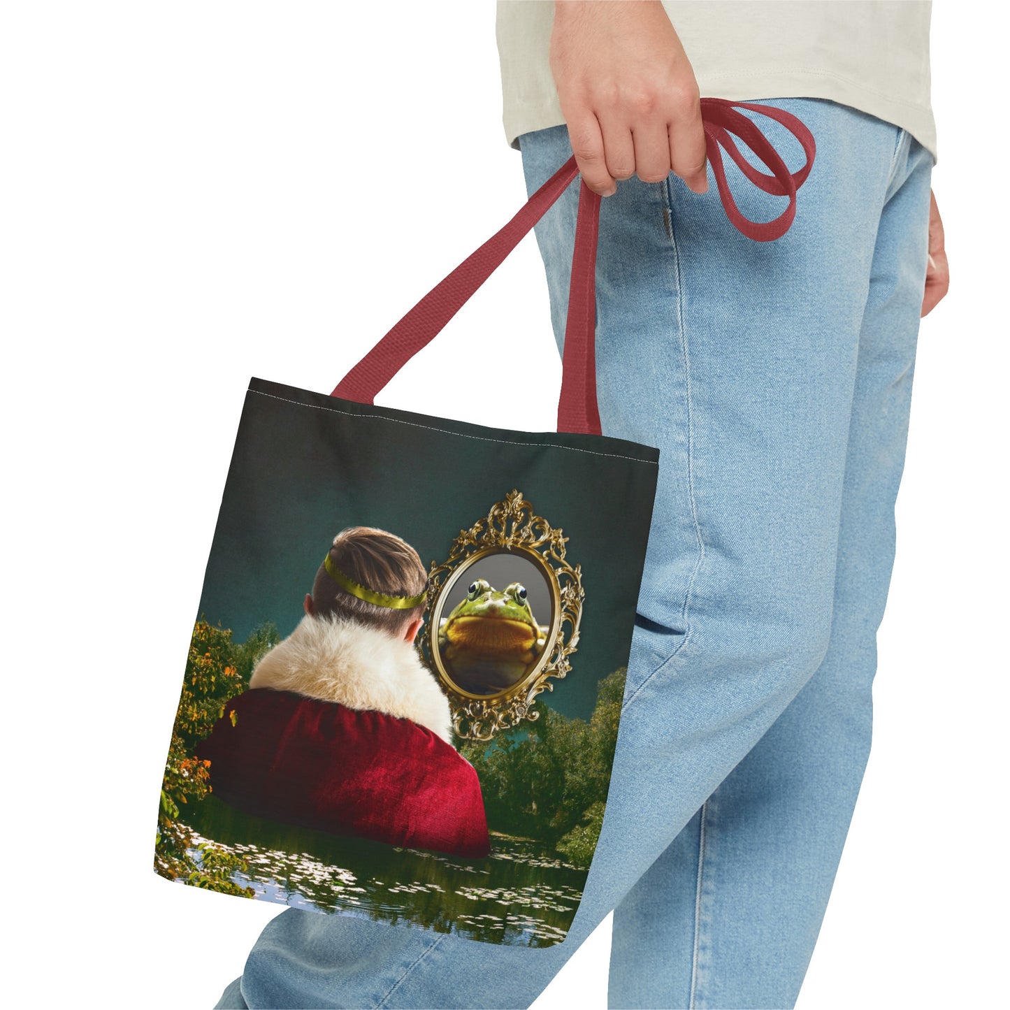 Frog Prince Reflection Tote Bag - Mystic Wetlands Collage Art Print