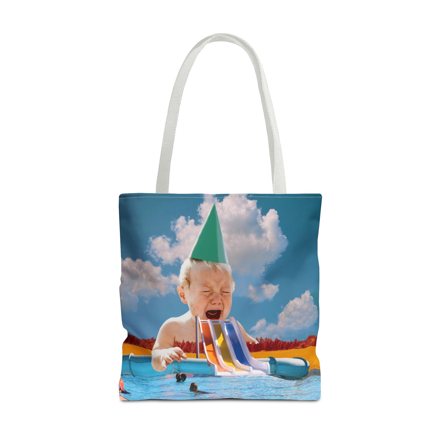 Vibrant Pool Party Beach Tote Bag - Surreal Art Print - Giant Baby and Colorful Pool Slide