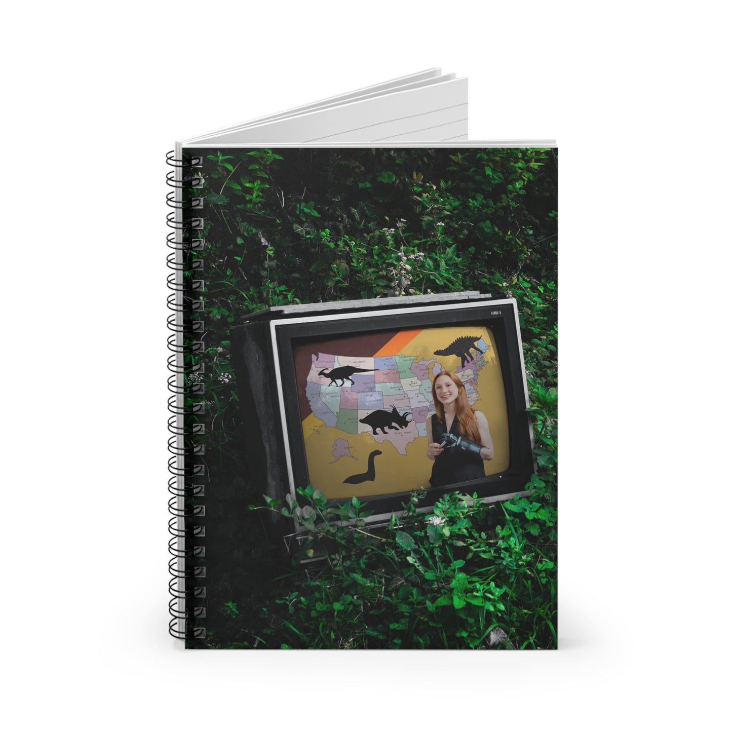 Dystopian Field Spiral Notebook with Weather Girl Map of Dinosaurs on TV