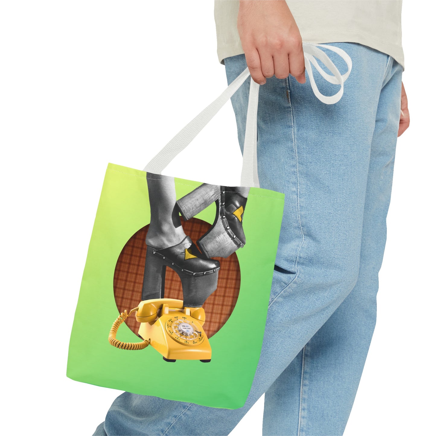 Playful Tote Bag with Collage Art "Hold My Calls" - 70's Platform Shoes and Yellow Rotary Phone