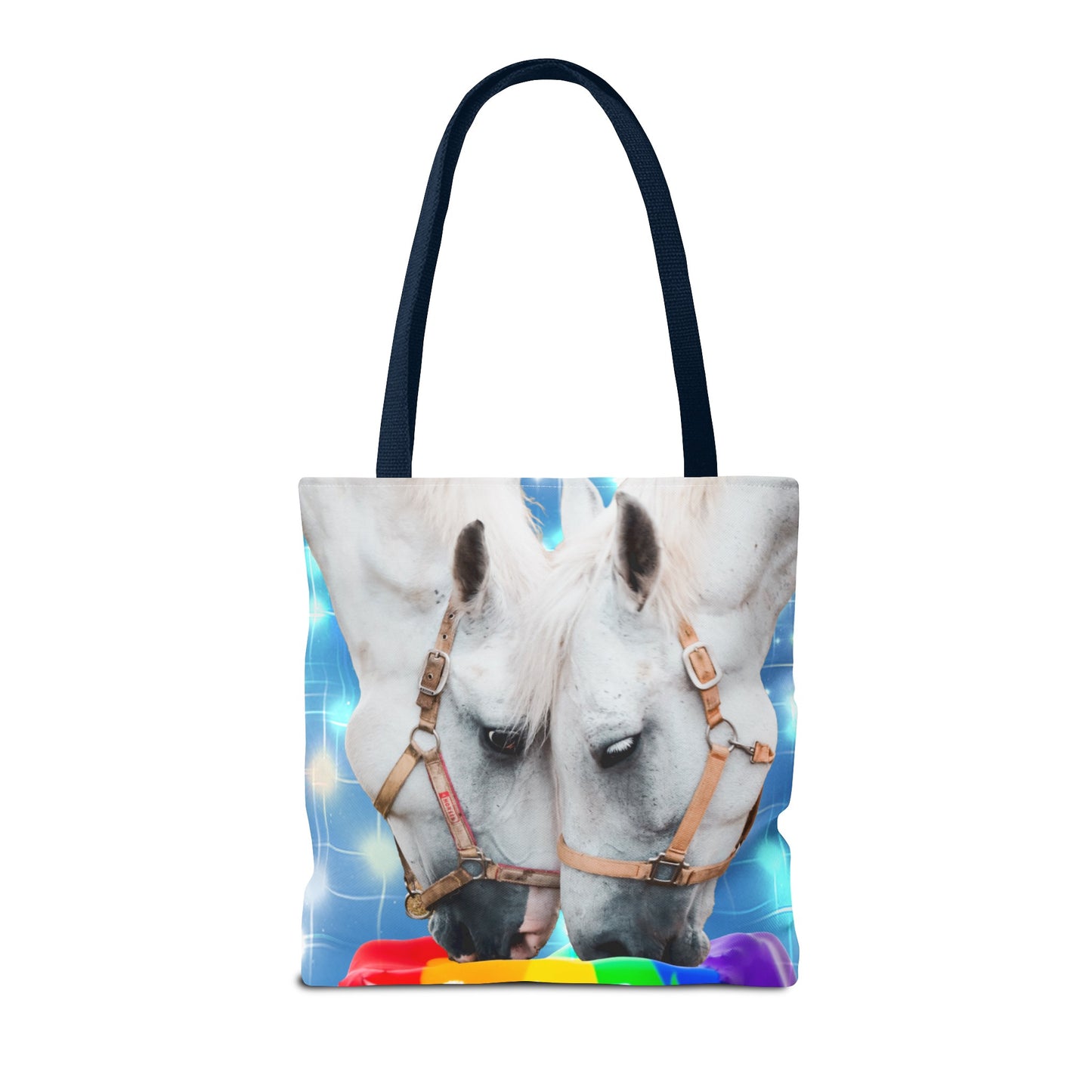 Unique Tote Bag "Pooping Rainbows" Art - White Horses Eating Rainbow Feed