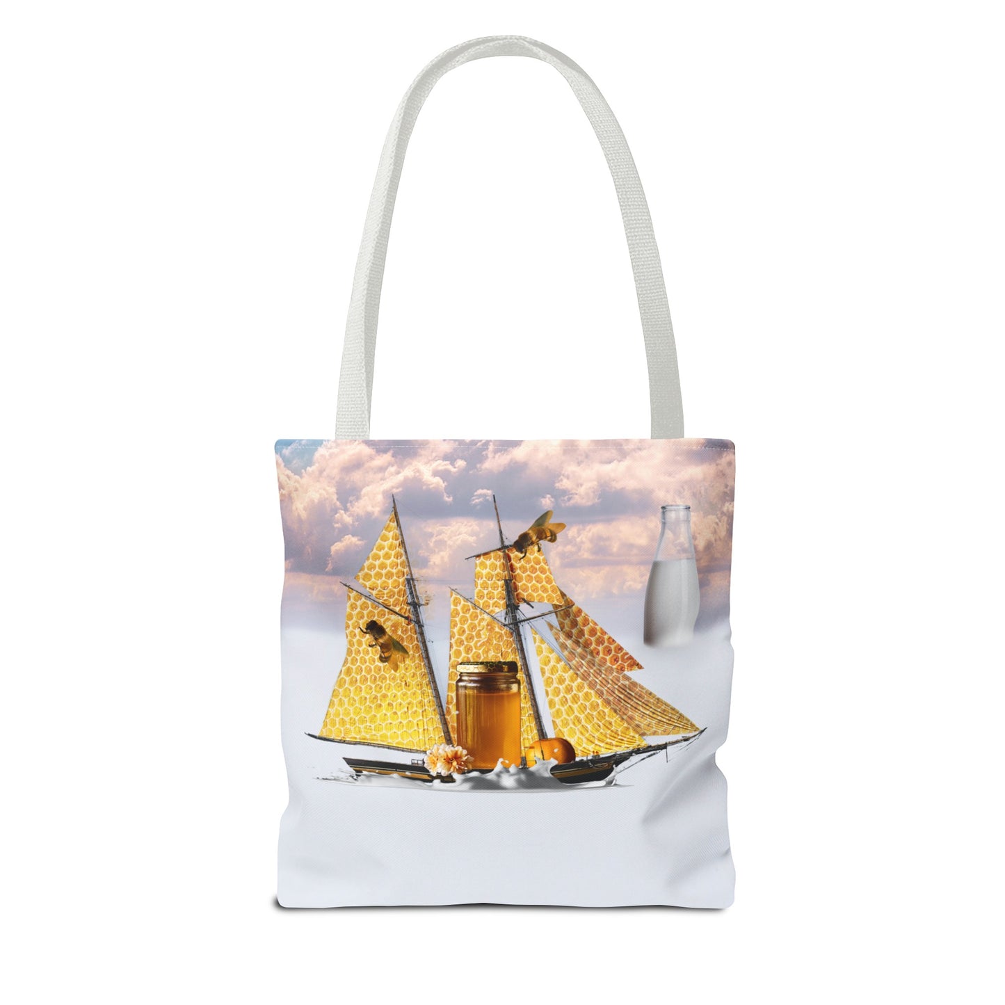Tote Bag, Bees at Sea on Honeycomb Ship 'Milk & Honey' Surreal Whimsical Collage Art