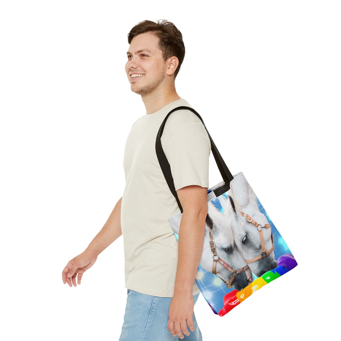 Unique Tote Bag "Pooping Rainbows" Art - White Horses Eating Rainbow Feed