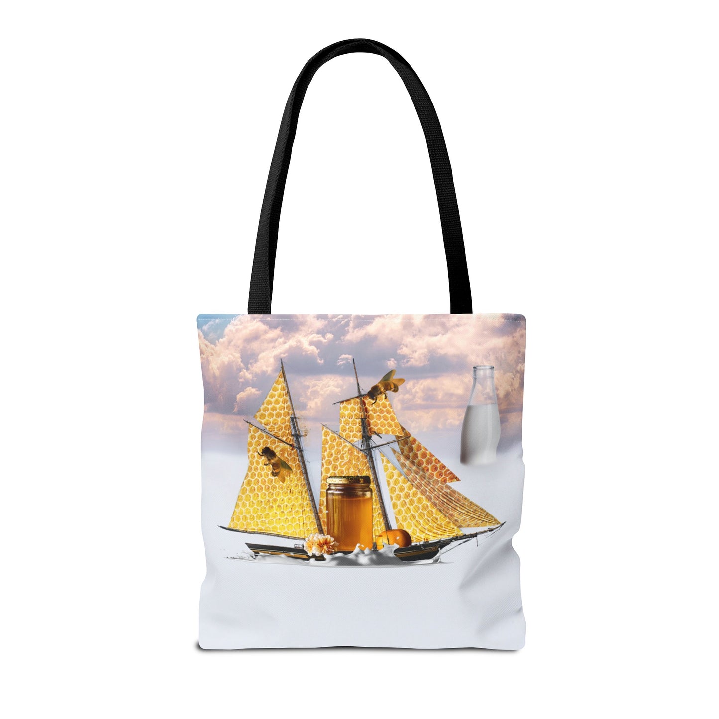 Tote Bag, Bees at Sea on Honeycomb Ship 'Milk & Honey' Surreal Whimsical Collage Art