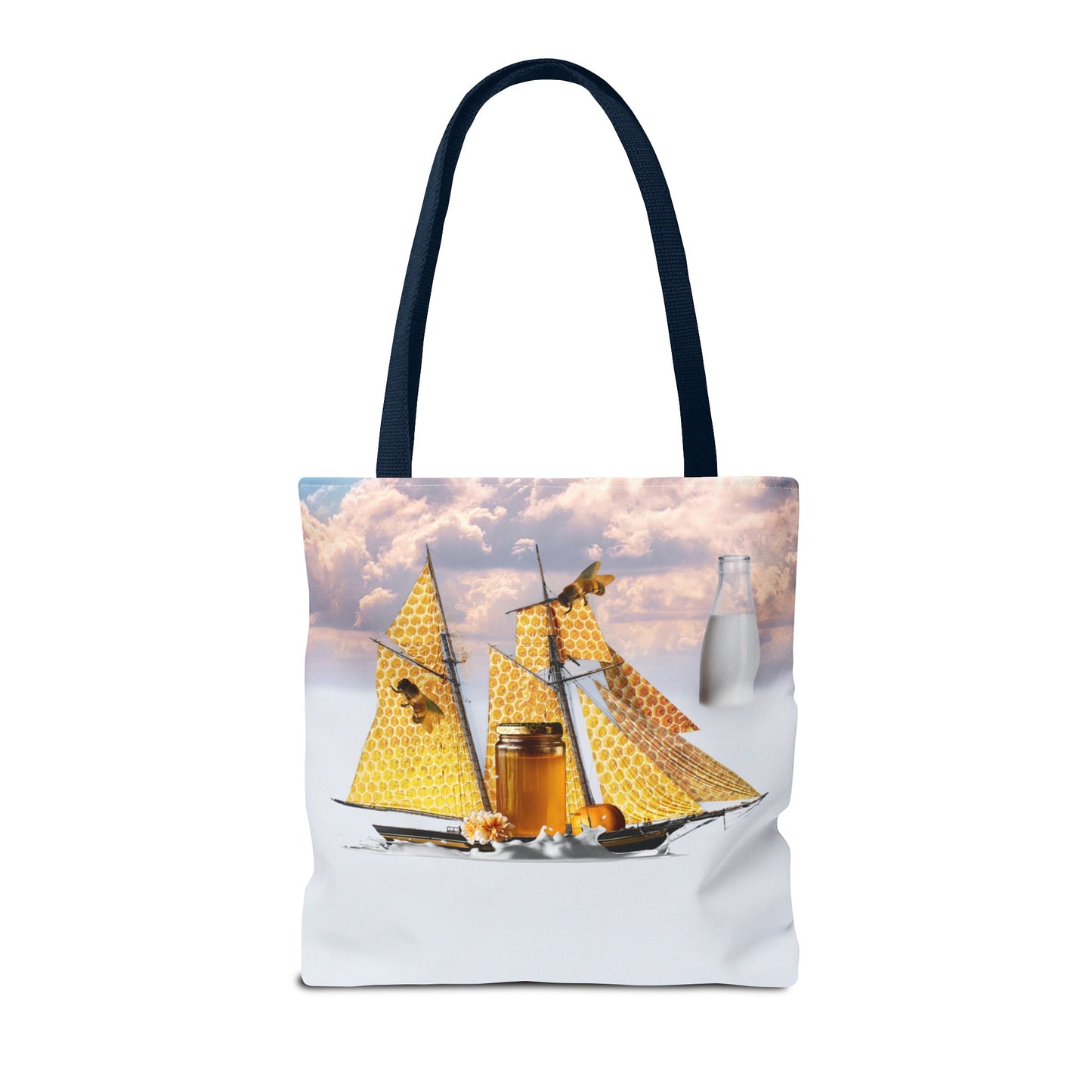 Tote Bag, Bees at Sea on Honeycomb Ship 'Milk & Honey' Surreal Whimsical Collage Art