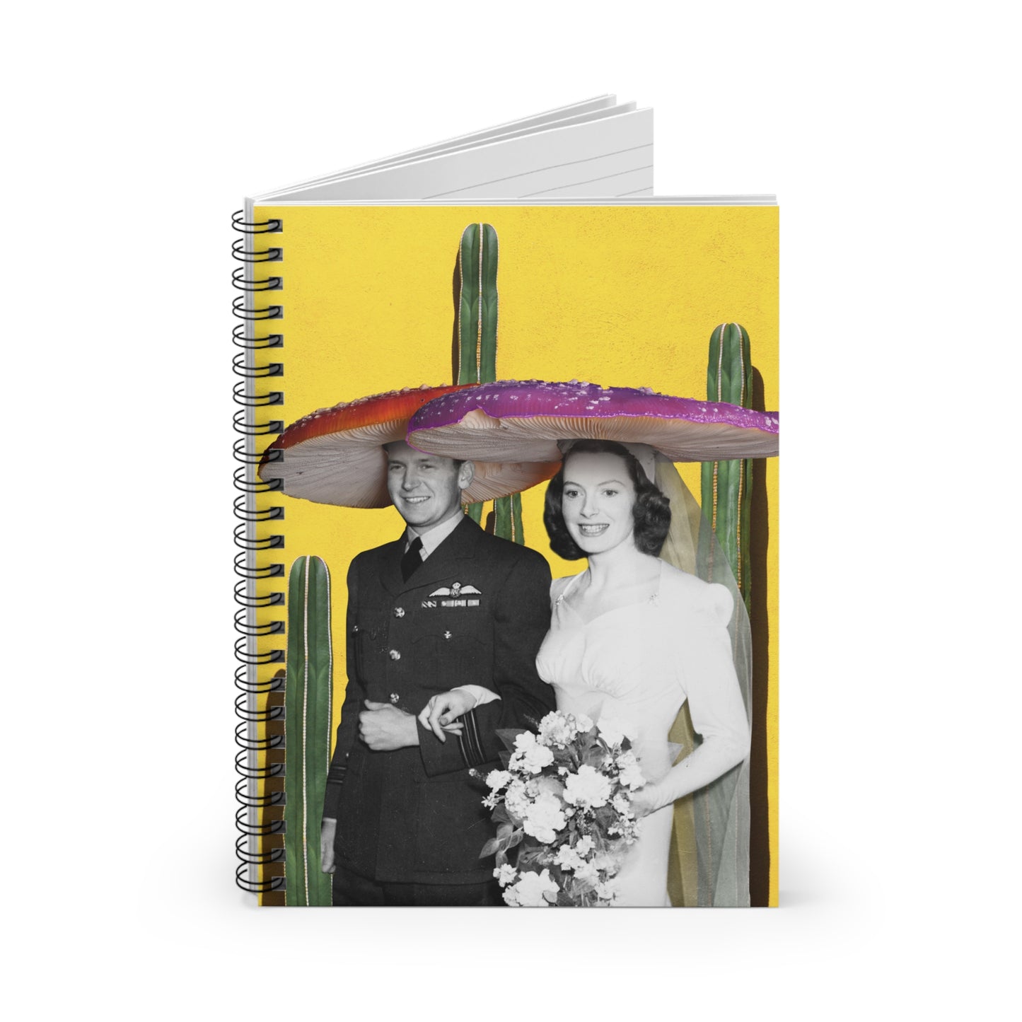 Elegant Mushroom Wedding Spiral Notebook with Vibrant Cactus Backdrop "Here Comes The Shroom"
