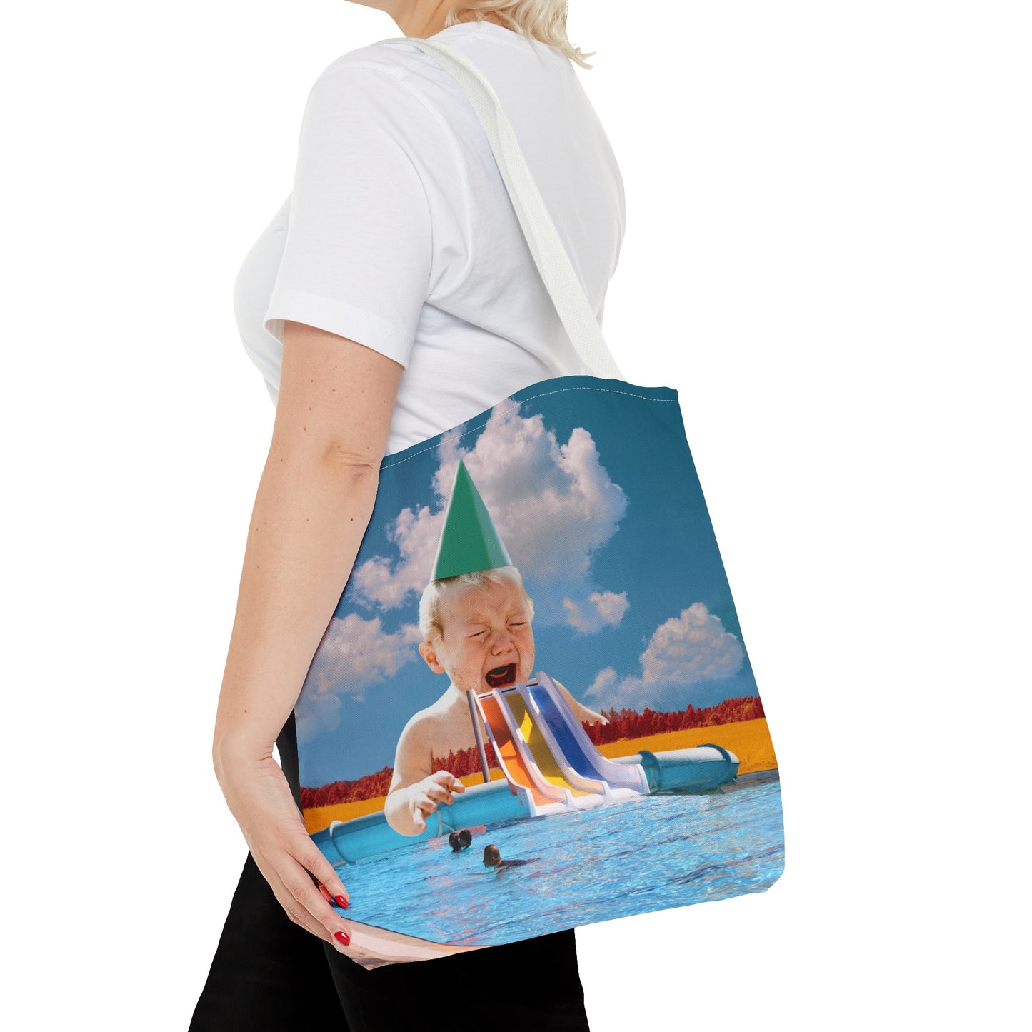 Vibrant Pool Party Beach Tote Bag - Surreal Art Print - Giant Baby and Colorful Pool Slide