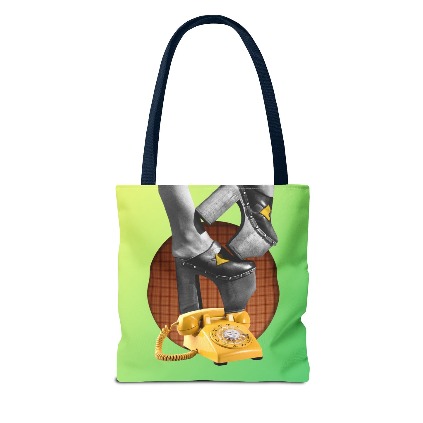 Playful Tote Bag with Collage Art "Hold My Calls" - 70's Platform Shoes and Yellow Rotary Phone