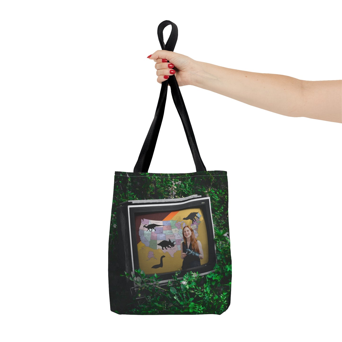 Unique Dystopian TV Scene Tote Bag with Weather Girl & Dinosaurs Map