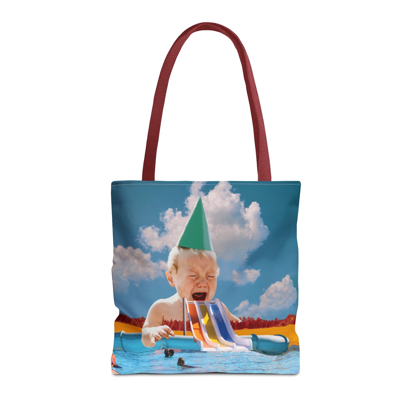 Vibrant Pool Party Beach Tote Bag - Surreal Art Print - Giant Baby and Colorful Pool Slide