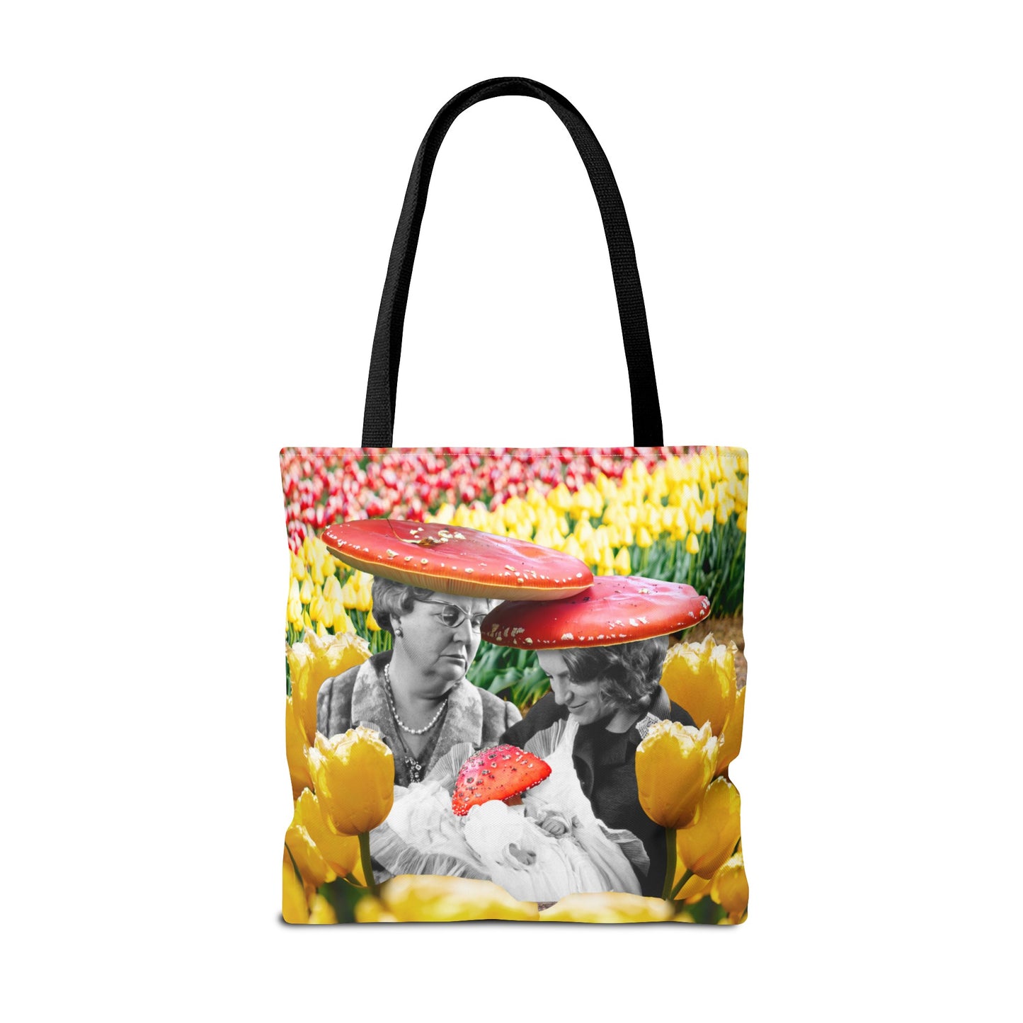 Happy Mushroom Family All Over Print Tote Bag - Surreal Collage Art "Nana's Little Mushroom" in a Field of Tulips