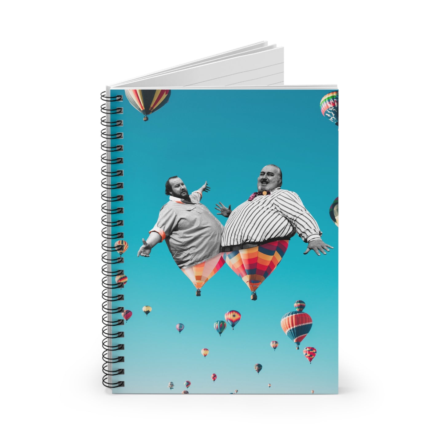 Spiral Notebook with Digital Collage Art - Up Up & Away - Whimsical Hot Air Balloon Men - Joyful Sky Soaring - Vibrant Colors