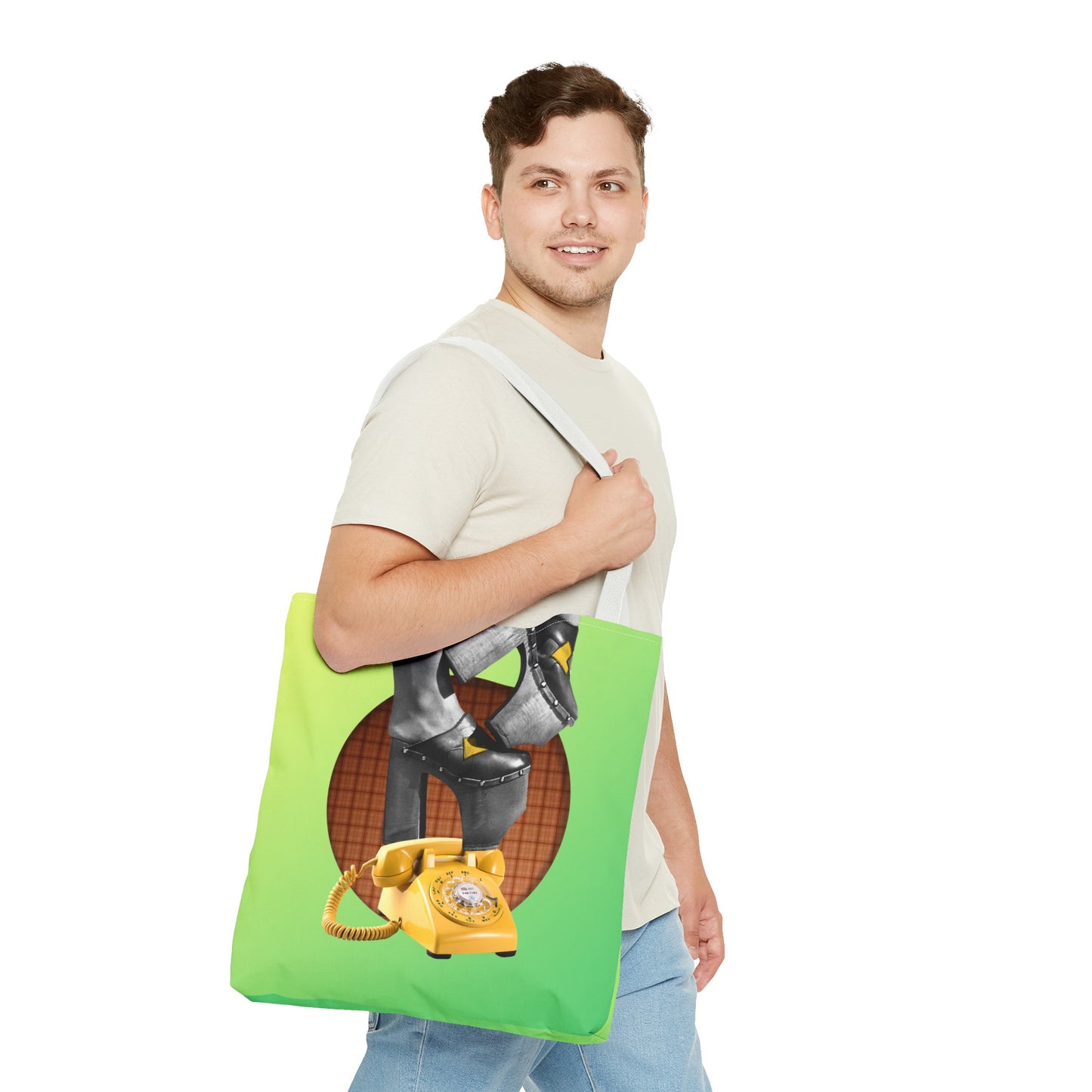 Playful Tote Bag with Collage Art "Hold My Calls" - 70's Platform Shoes and Yellow Rotary Phone