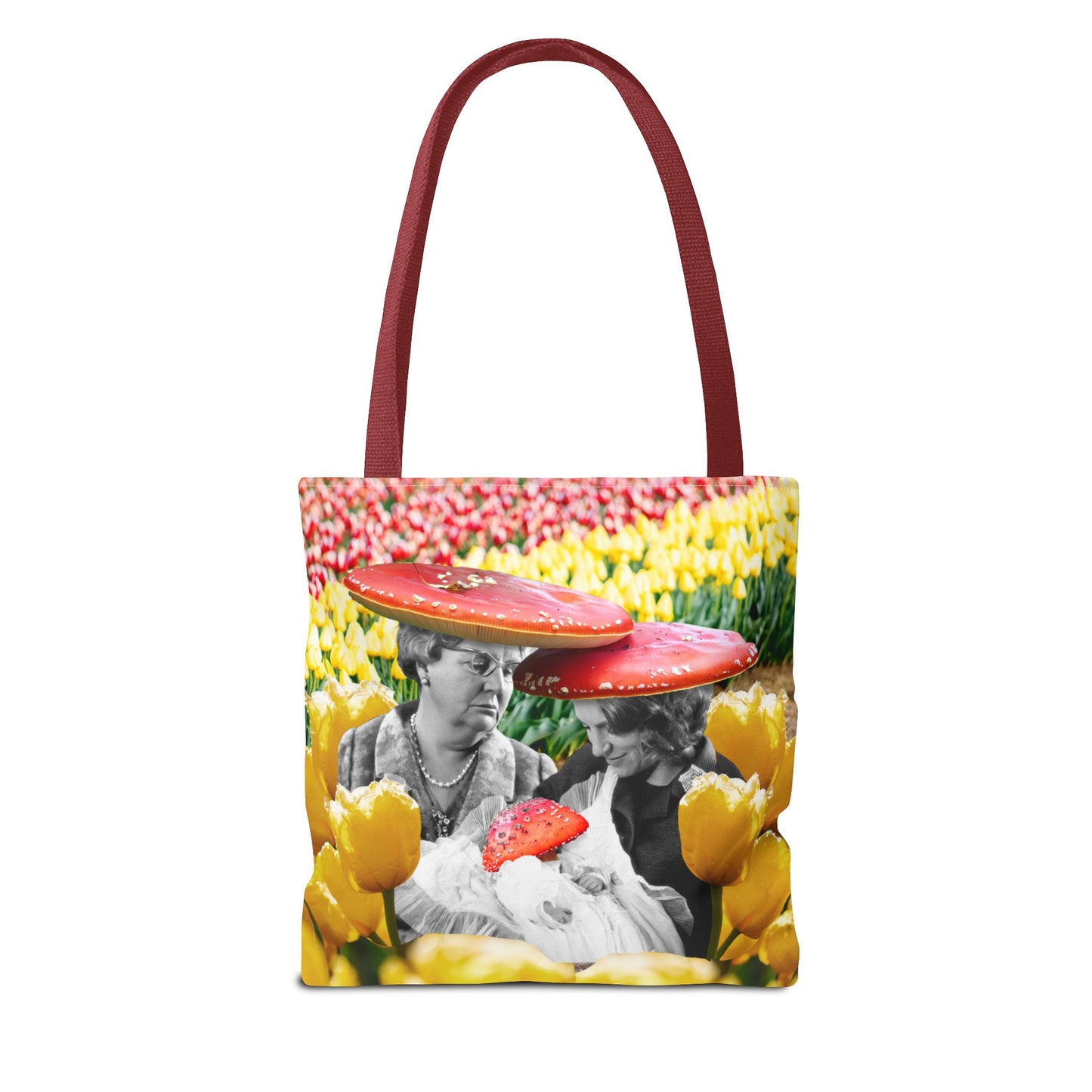 Happy Mushroom Family All Over Print Tote Bag - Surreal Collage Art "Nana's Little Mushroom" in a Field of Tulips