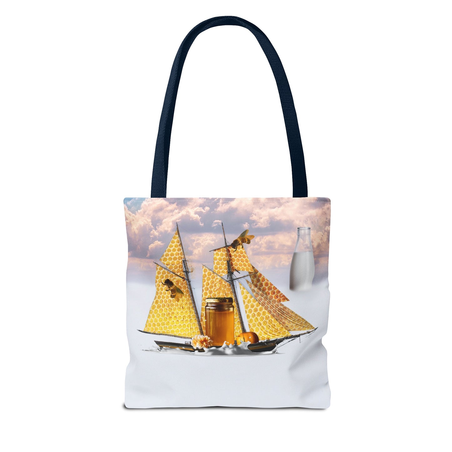 Tote Bag, Bees at Sea on Honeycomb Ship 'Milk & Honey' Surreal Whimsical Collage Art