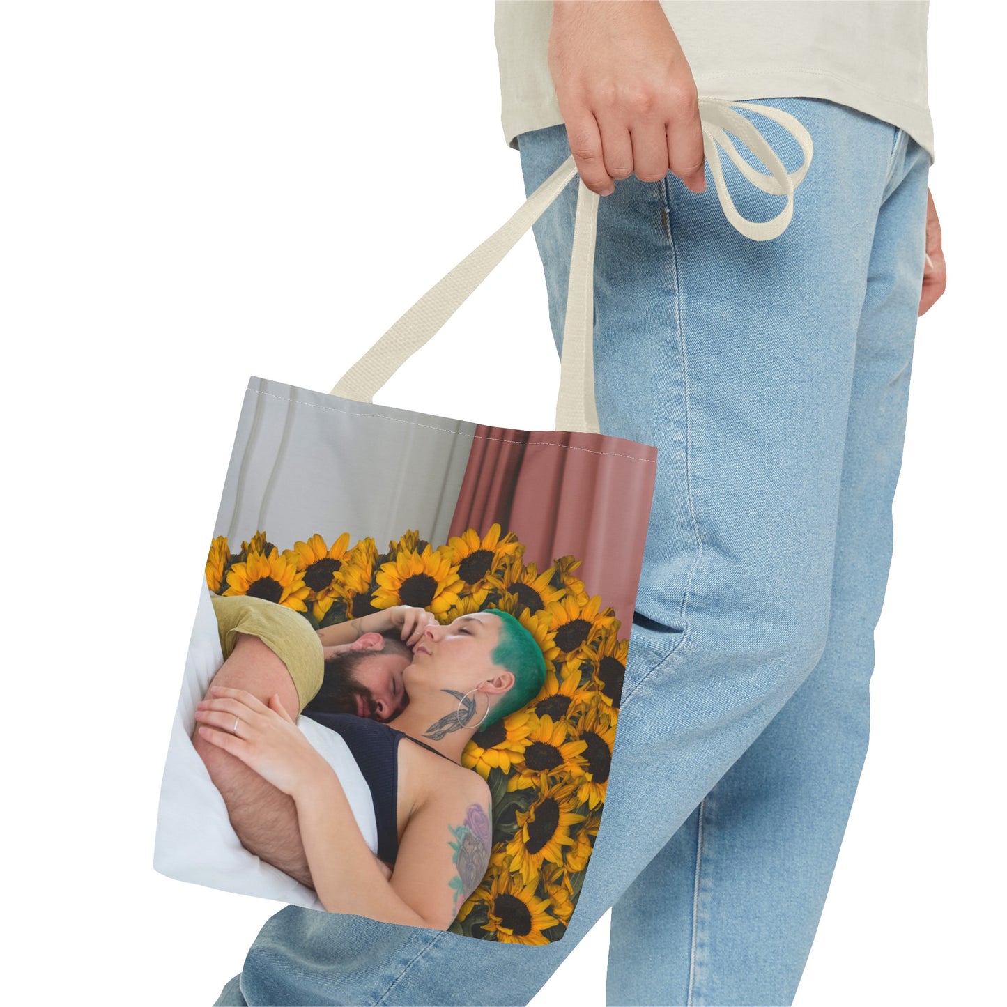 Tranquil Sunflowers Around Cuddling Couple Tote Bag Surreal Art - Loving Design "Sunflowers In Your Room"