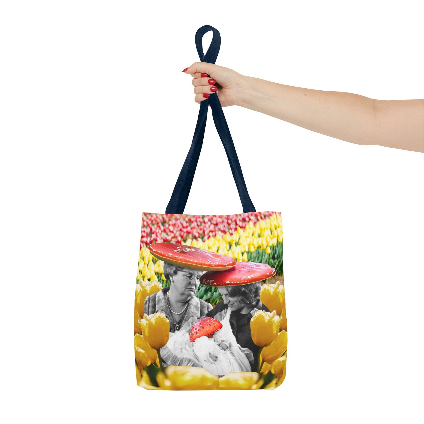 Happy Mushroom Family All Over Print Tote Bag - Surreal Collage Art "Nana's Little Mushroom" in a Field of Tulips