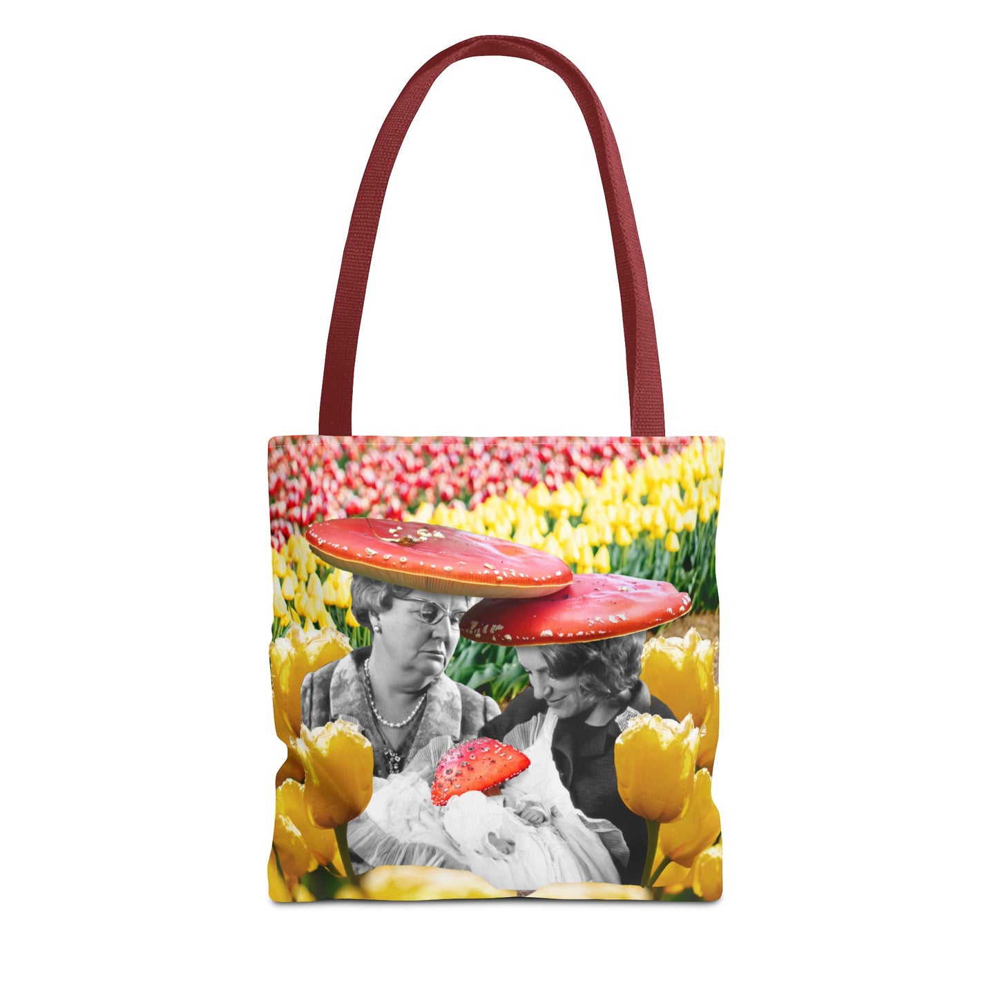 Happy Mushroom Family All Over Print Tote Bag - Surreal Collage Art "Nana's Little Mushroom" in a Field of Tulips