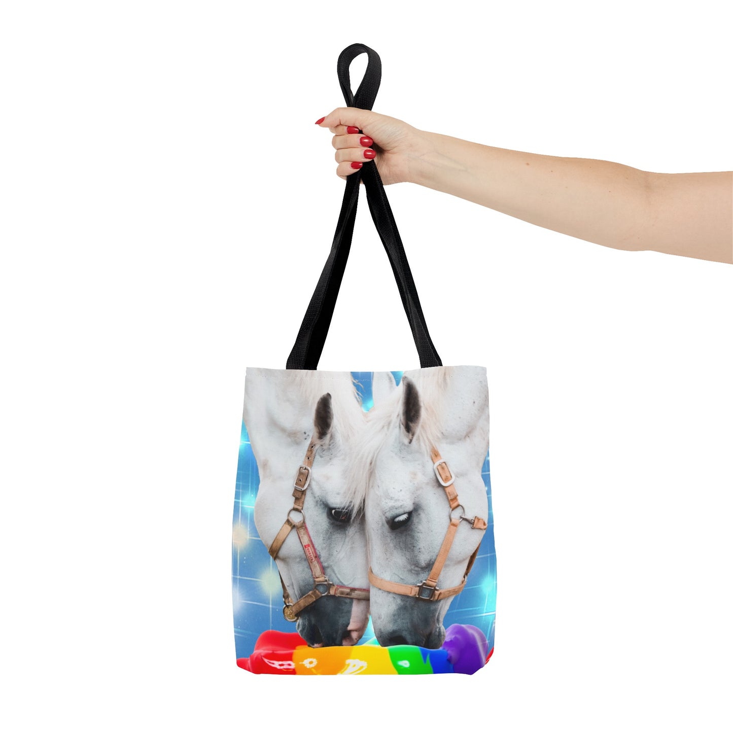 Unique Tote Bag "Pooping Rainbows" Art - White Horses Eating Rainbow Feed