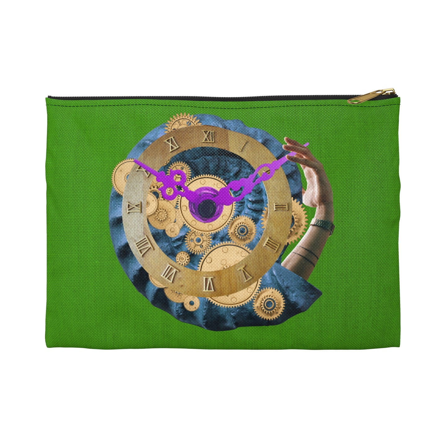 Steampunk Clock Accessory Pouch with Surreal Ammonite Art Print - Departure Time