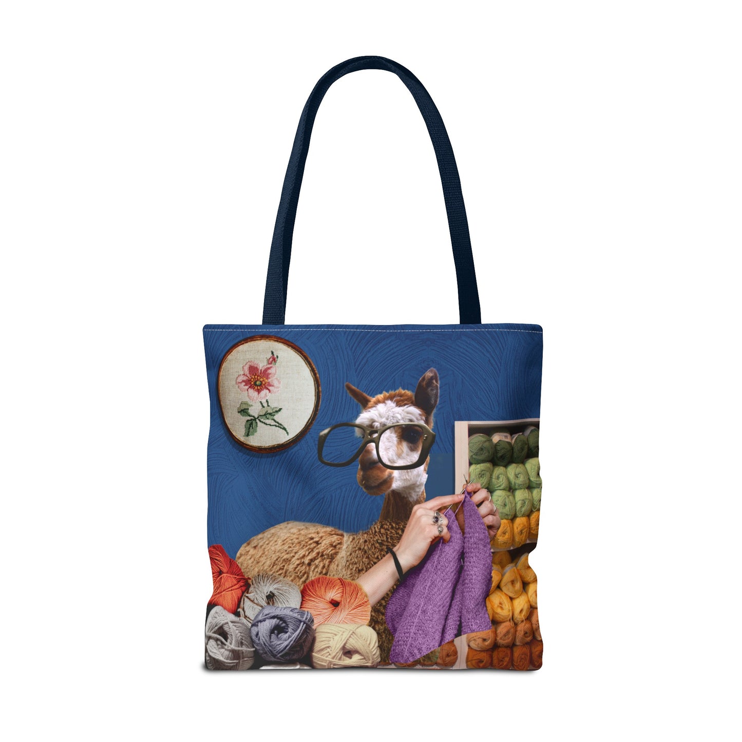 Whimsical Funky Llama Tote Bag: "Llama Tried" - Wearing Glasses and Knitting in Yarn Shop