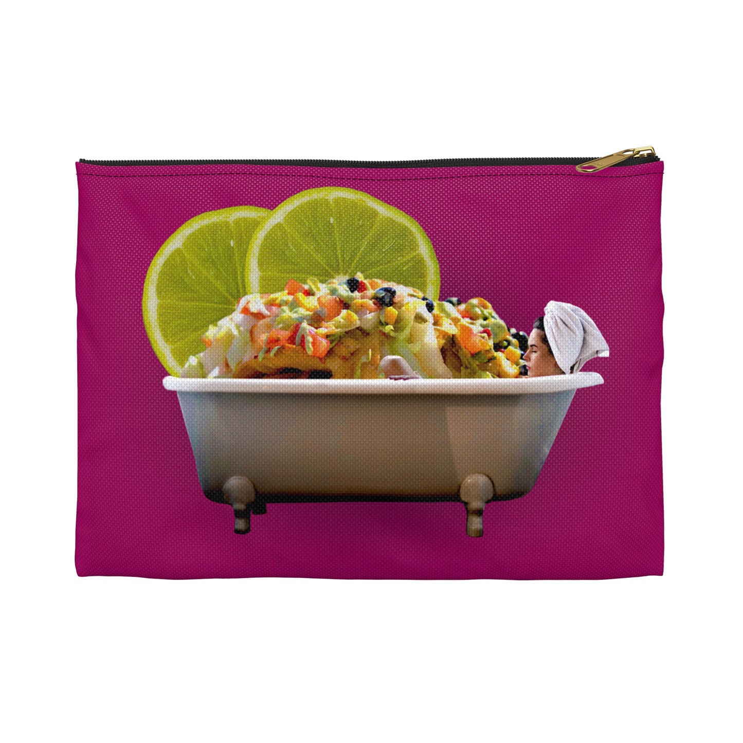 Food Lover's Delight Accessory Pouch - Woman Soaking in Bathtub with Burrito and Lime Wedges
