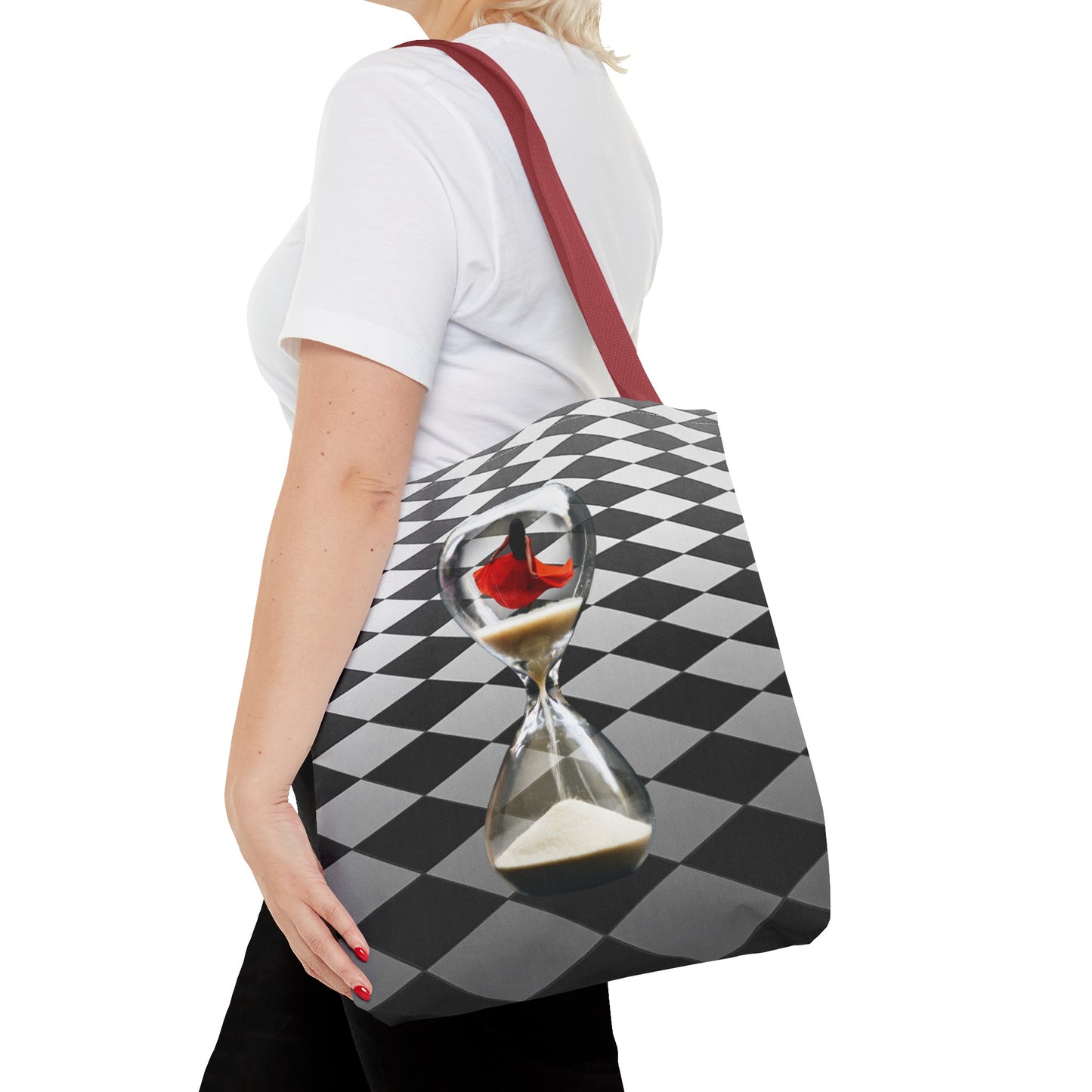 Red Dress Dancer Tote Bag - Surreal Art Checkerboard Design - Dance Through Life