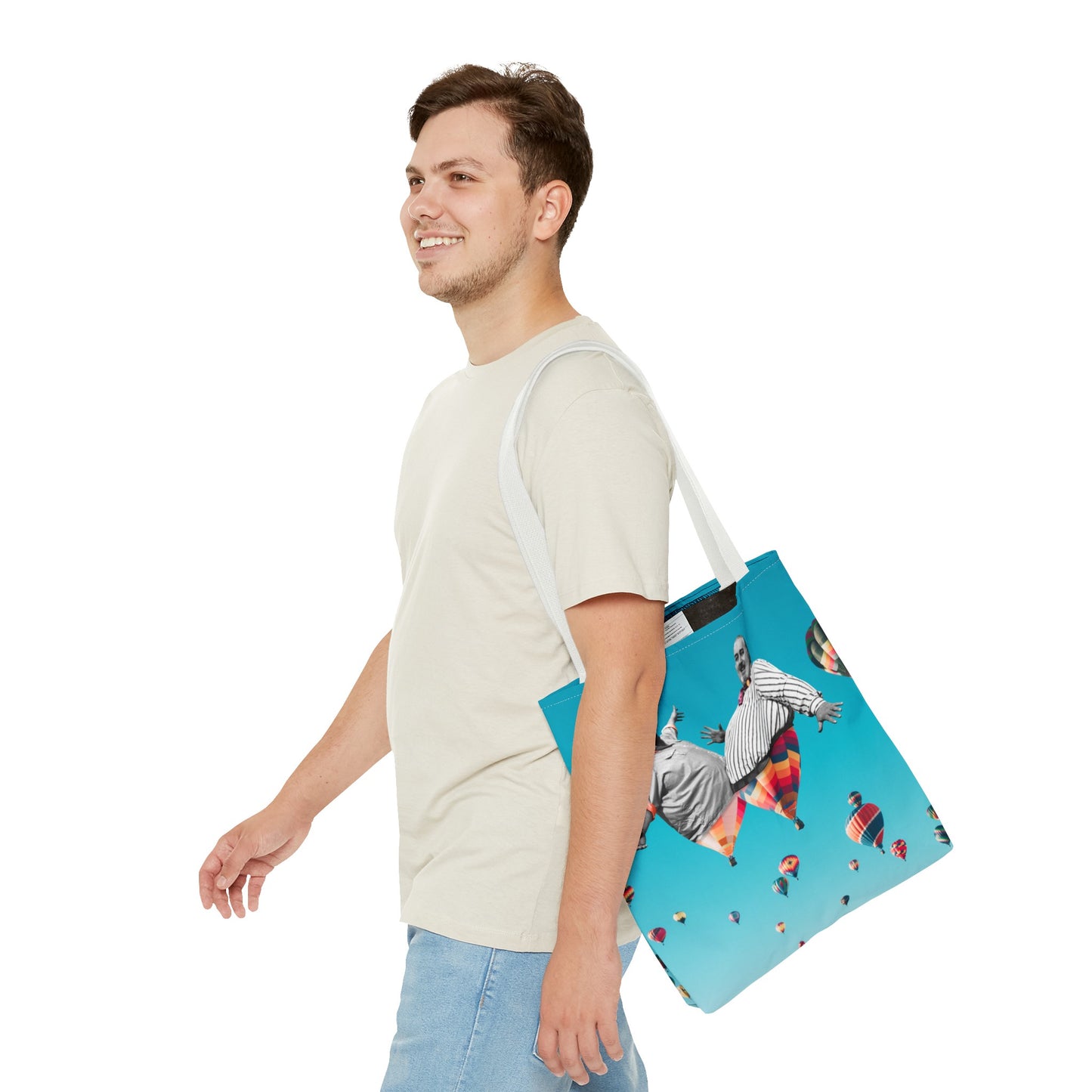 Whimsical Tote Bag with Surreal Art Print - Up Up & Away - Captivating Figures in Flight