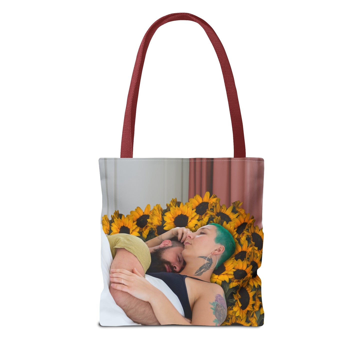 Tranquil Sunflowers Around Cuddling Couple Tote Bag Surreal Art - Loving Design "Sunflowers In Your Room"
