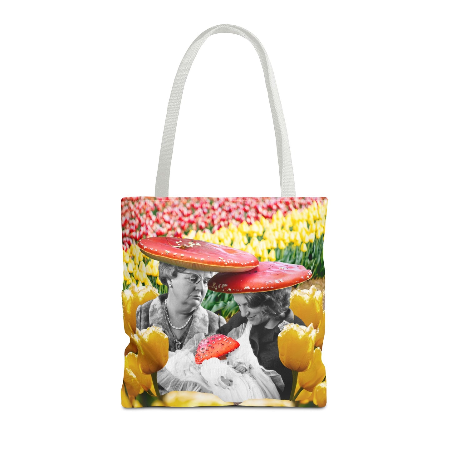 Happy Mushroom Family All Over Print Tote Bag - Surreal Collage Art "Nana's Little Mushroom" in a Field of Tulips
